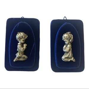VTG 1960’s Italian Pewter Praying Boy & Girl Royal Blue Velvet Wall Art Plaques